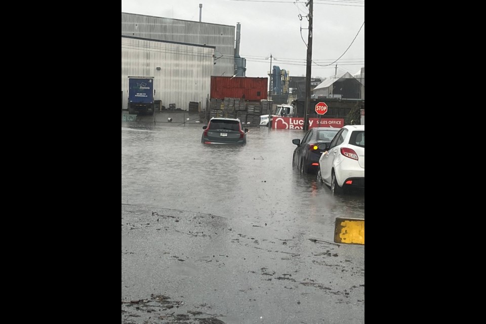 Some cars were partially submerged on Mitchell Island, between Richmond and Vancouver, during Tuesday's king tide storm surge