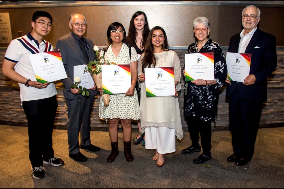 The winners of this year's Richmond arts awards were (left to right) Botao Chen, Dr Jim Tanaka, Gabby Cometa, Jaime Gusto for the Steveston Harbour Authority (back), Nikhat Izhar Qureshi, Donna J. Wilson and Mike Booton. 
Chung Chow photo 