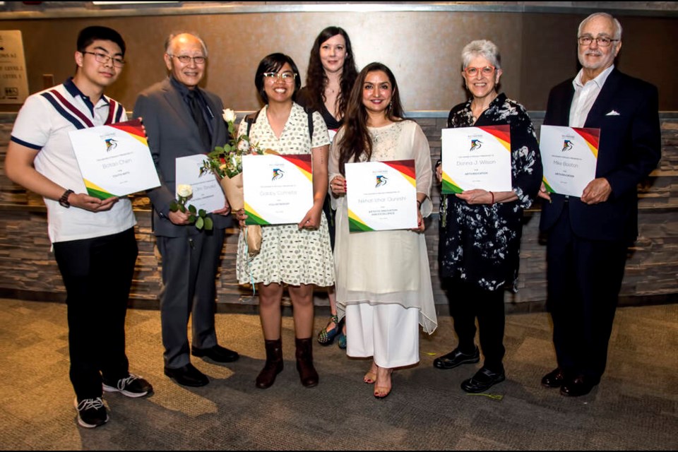 The winners of this year's Richmond arts awards were (left to right) Botao Chen, Dr Jim Tanaka, Gabby Cometa, Jaime Gusto for the Steveston Harbour Authority (back), Nikhat Izhar Qureshi, Donna J. Wilson and Mike Booton. 
Chung Chow photo 