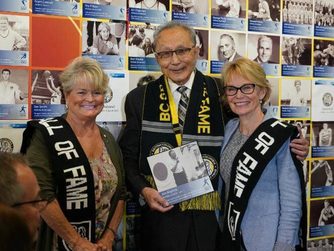 Jim Kojima (centre) receives his plaque at the BC Sports Hall of Fame for the 2023 inductees 