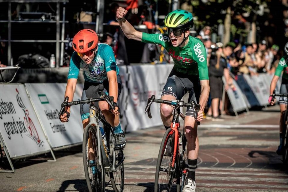 Ryan Nickerson (right) crossing the finish line at the Gastown Grand Prix Youth Race. Scott Robarts photo 