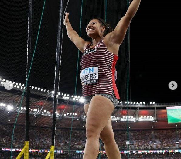 Richmond’s Camryn Rogers salutes her World Championship gold medal-winning throw. 