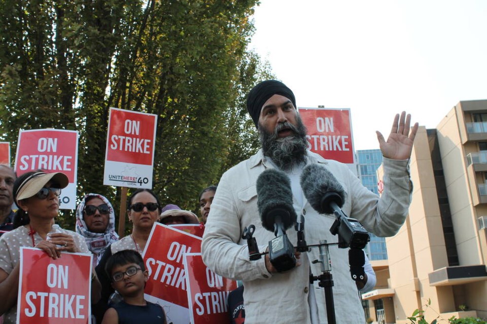 NDP leader Jagmeet Singh visited striking Richmond hotel workers on Monday afternoon. Valerie Leung photo 