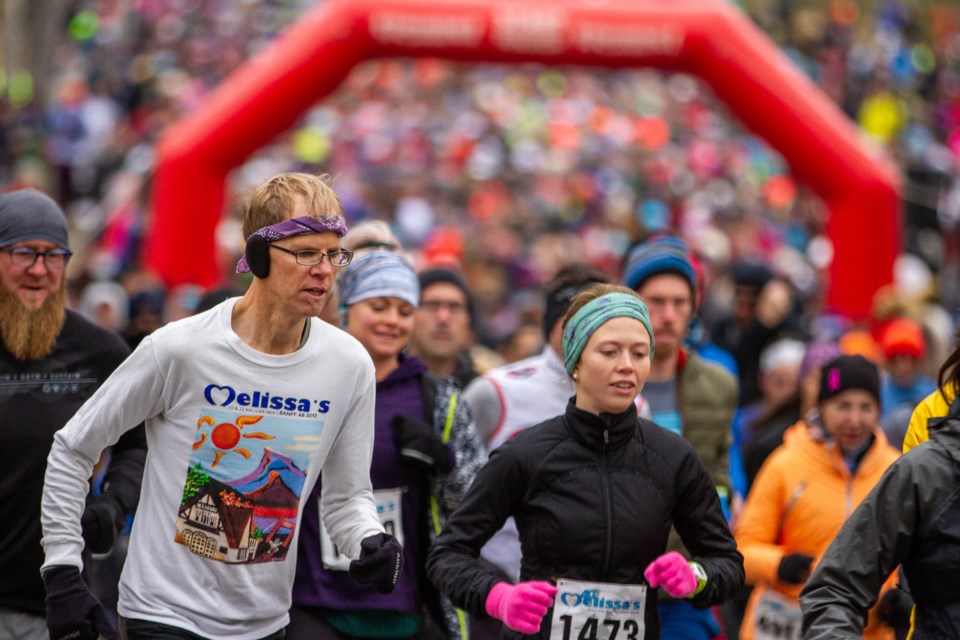 Participants in the five kilometre and 10 km distances race out of the start gate during the 40th annual Mel’s Road Race in Banff on Saturday, (Sept. 28). RMO FILE PHOTO