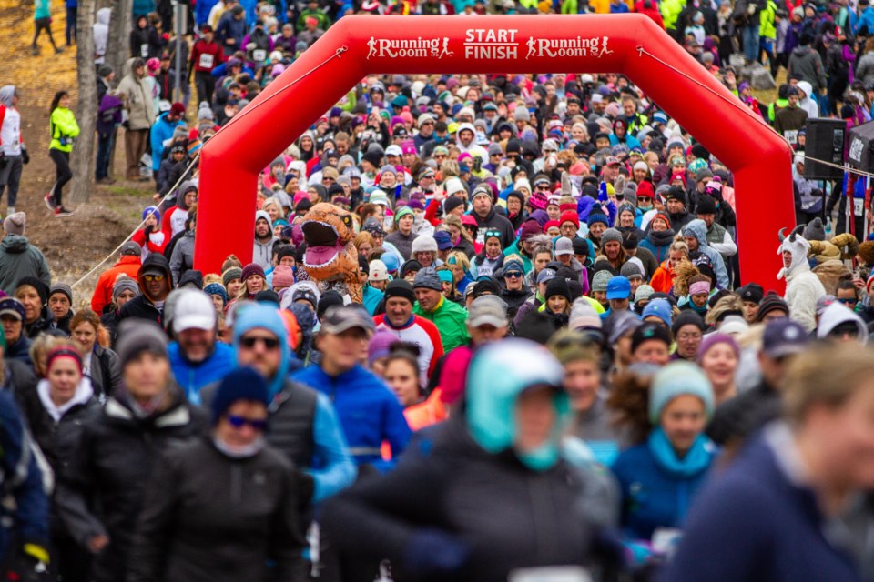Participants in the five kilometre and 10 km distances race out of the start gate during the 40th annual Mel’s Road Race in Banff in 2019. EVAN BUHLER RMO PHOTO