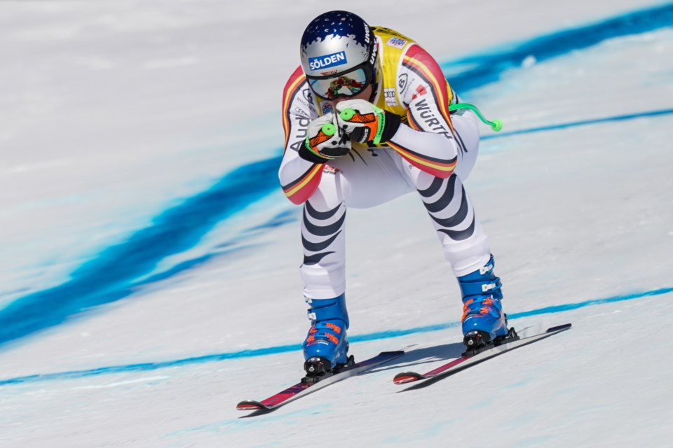 Thomas Dressen of Germany enters a tuck position after landing a jump during the men’s downhill event in the 2019 Lake Louise Audi FIS Ski World Cup on Saturday (Nov. 30). EVAN BUHLER RMO PHOTO⁠