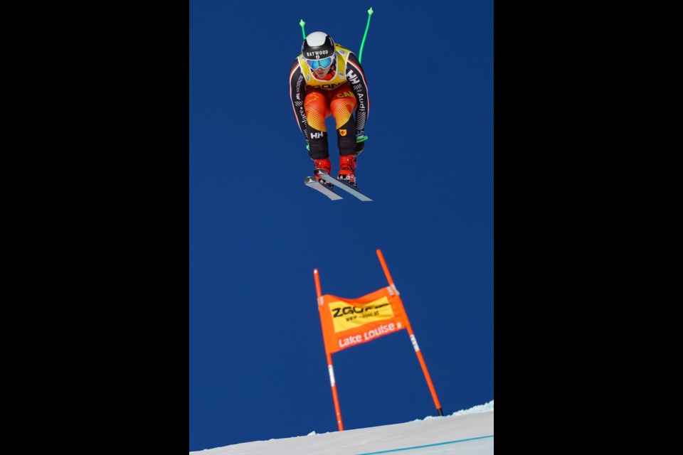 Brodie Seger of Canada flies through the air during the men’s downhill event in the 2019 Lake Louise Audi FIS Ski World Cup on Saturday (Nov. 30). EVAN BUHLER RMO PHOTO⁠