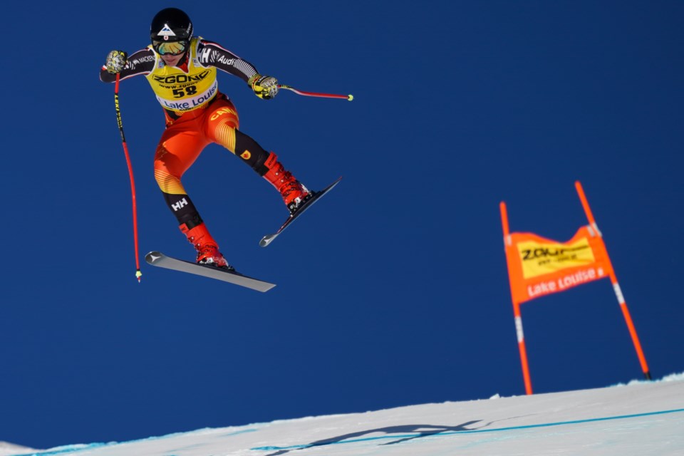 Canmore's Jeff Read loses balance in the air during the men’s downhill event in the 2019 Lake Louise Audi FIS Ski World Cup. EVAN BUHLER RMO PHOTO⁠