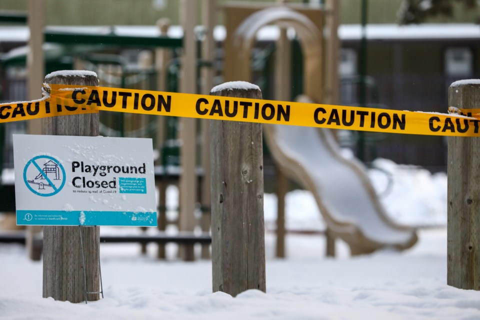 The playground at Banff Rotary Park is taped off as the Town of Banff made the decision to close all playgrounds to try and slow the spread of COVID-19 on March 25, 2020. EVAN BUHLER RMO PHOTO⁠