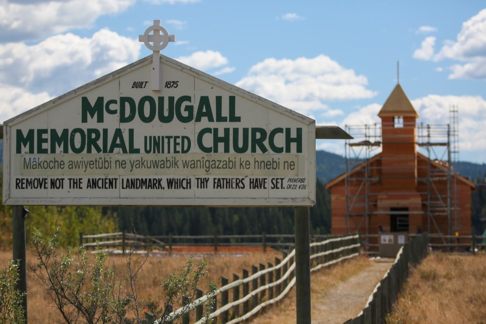 Construction of the new McDougall Memorial United Church nears completion on Tuesday (Sept. 1). Stoney Nakoda Tribal council has asked the province a second time to rescind its historic designation. EVAN BUHLER RMO PHOTO