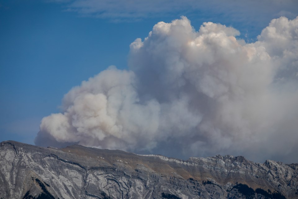 The smoke plume from a wildfire near Black Rock Mountain on the eastern border of Banff National Park is seen above Lake Minnewanka Saturday (Sept. 5). EVAN BUHLER RMO PHOTO