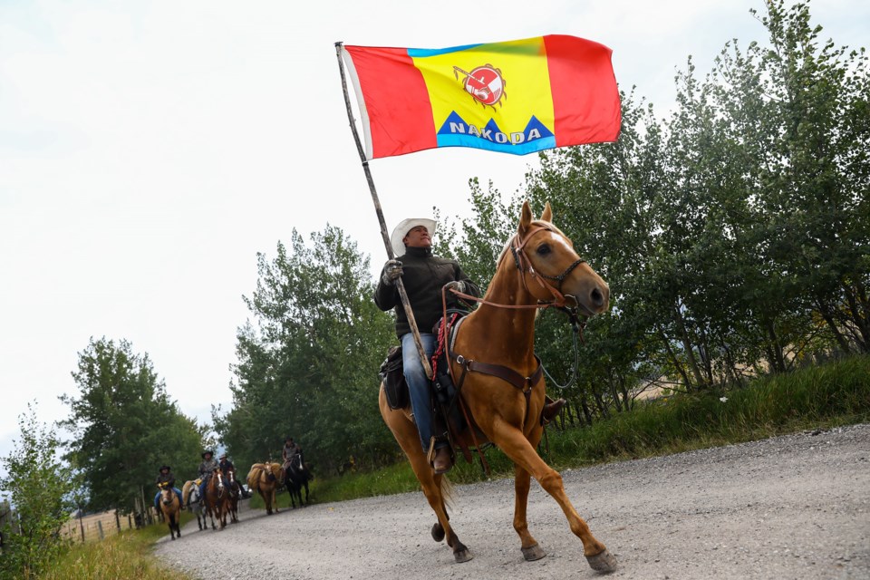 Bearspaw rider Toby Dixon leads a group of Stoney Nakoda and Parks Canada riders back to Ya Ha Tinda Ranch after visiting the bison territory in Banff National Park on Saturday (Sept. 12). EVAN BUHLER RMO PHOTO