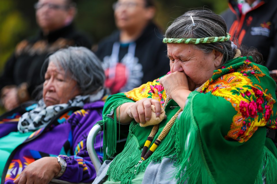 Philomena Stevens is overcome with emotion during a mountain renaming ceremony on Tuesday (Sept. 29).  EVAN BUHLER RMO PHOTO