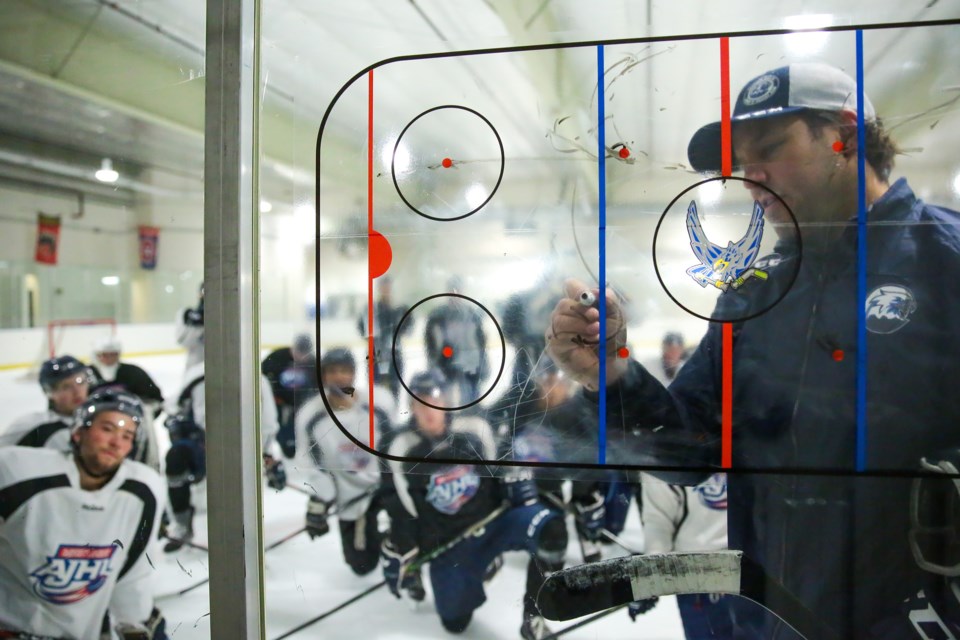 The Canmore Eagles head coach Andrew Milne explains a drill at practice during the team's training camp at the Canmore Recreation Centre in 2020. EVAN BUHLER RMO PHOTO
