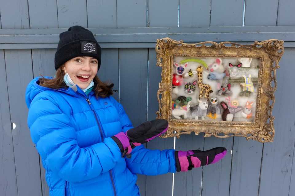 Grade 9 student, Myla Corey created two boxes in the exhibit. Corey’s Wool Creatures features 18 felted animals created by Corey and her friend, and “Sticks With Holes” is a display made up of more than 150 pieces of wood with holes. CURBSIDE MUSEUM PHOTO