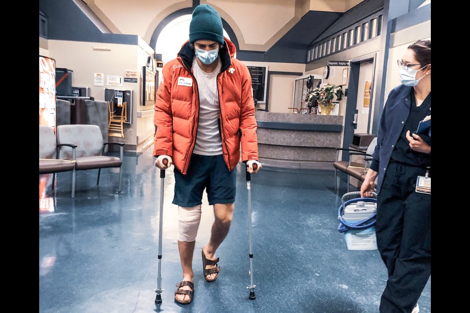 Canadian ski cross racer, Zach Belczyk’s walks out of the Banff Mineral Spring Hospital after receiving surgery for a complete ACL tear and two meniscal tears in his right knee. The best season of his career came to an abrupt halt two weeks ago during a training session at Nakiska. SUBMITTED PHOTO