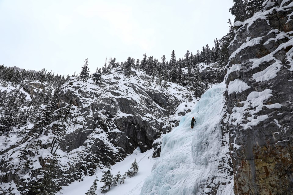 Trooper Kaden Balmer of the Canadian Armed Forces 41 Canadian Brigade Group ice climbs at King Creek in Kananaskis Country in February 2021. A group of soldiers with the brigade has returned to the Bow Valley for more adventure training this week. 

RMO FILE PHOTO