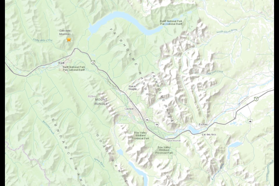 Location of a 4.4 magnitude earthquake five kilometeres north of Banff on Saturday (Feb. 13).