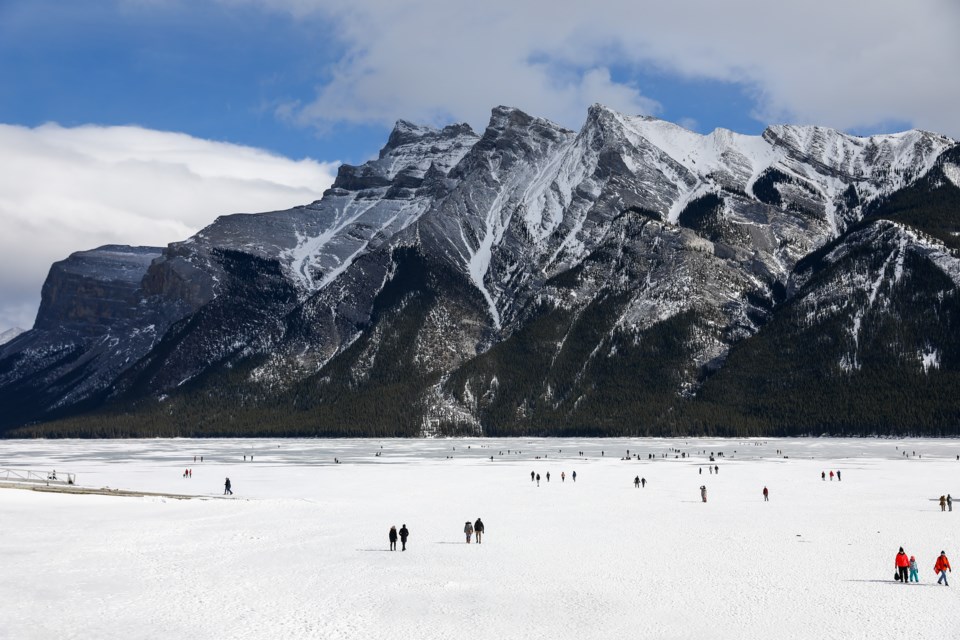 Crowds of people took advantage of the warm weather and visited Lake Minnewanka in Banff National Park on Saturday (March 6). EVAN BUHLER RMO PHOTO