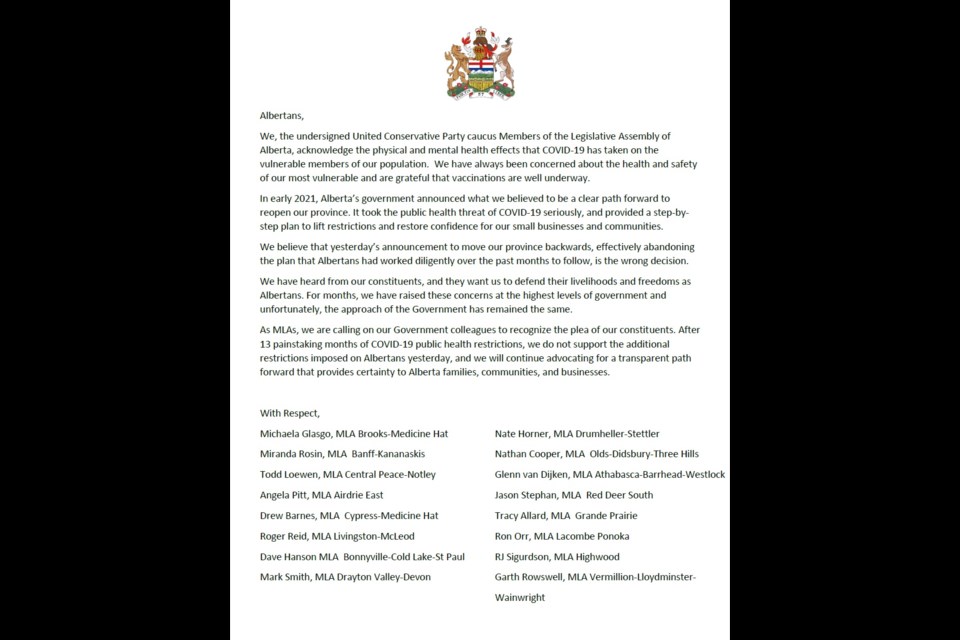 The letter signed by 17 UCP MLAs opposing increased public health restrictions announced Tuesday (April 7) by Premier Jason Kenney.
