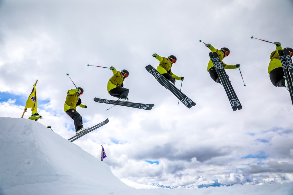 A multiple exposure shows Jesse Frank soar through the air while spending time in the park at Sunshine Village Ski Resort on Thursday (May 13). EVAN BUHLER RMO PHOTO