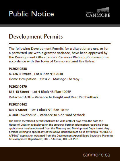 Town of Canmore - Development permits - July 15, 2021