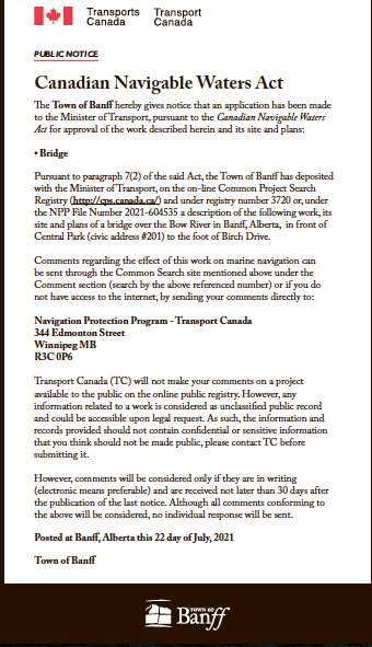 Town of Banff – Canadian Navigable Waters Act – July 22, 2021