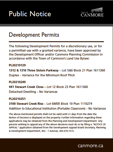 Town of Canmore – Development Permits – July 22, 2021