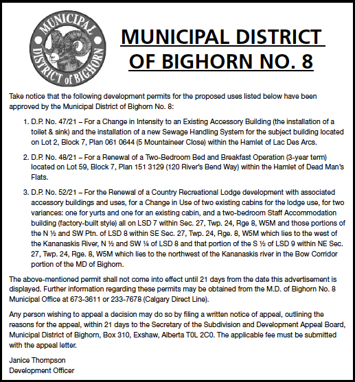 MD of Bighorn - Development Permits - July 29, 2021