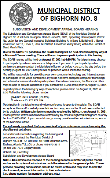 MD of Bighorn - Subdivision and Development Appeal Board - July 29, 2021