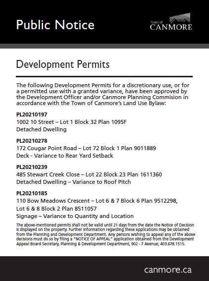 Town of Canmore - Development Permits - July 29, 2021