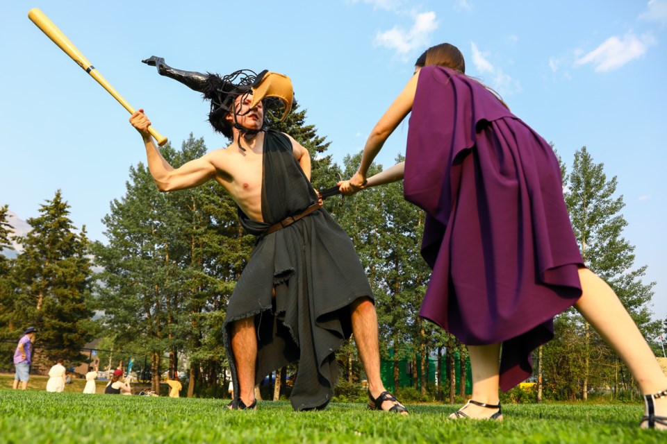 Liam Brett as Minotaur and Emma Schneider as Ariadne rehearse a scene from Pine Tree Players production of Minotaur on Tuesday (Aug. 3). The play is part of the Canmore Summer Theatre Festival, which starts on August 11, and will also feature Shakespeare's Twelfth Night. EVAN BUHLER RMO PHOTO