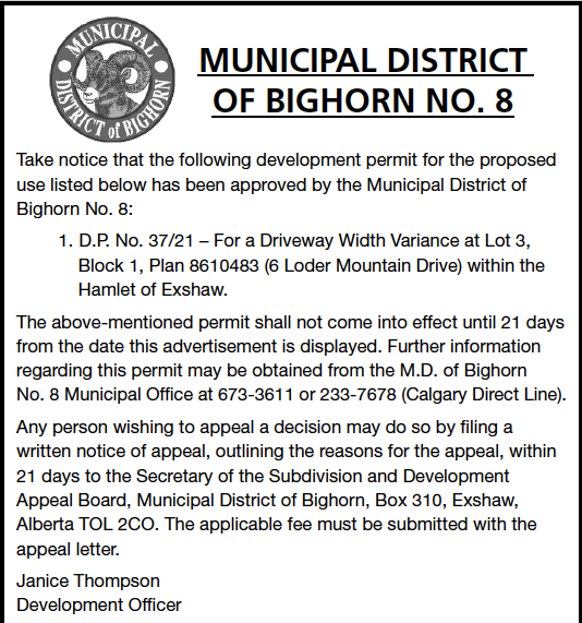 MD of Bighorn - Development permit - Aug. 5, 2021