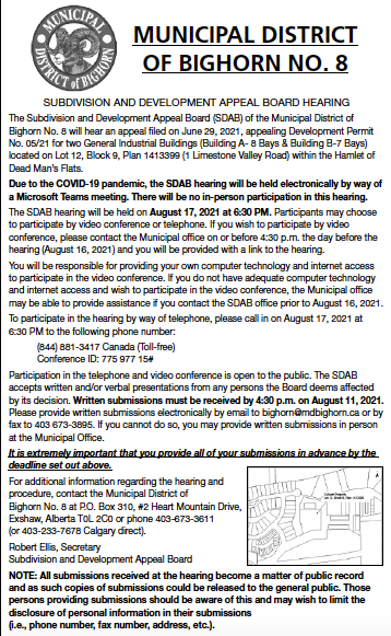 MD of Bighorn - Subdivision and Development Appeal Board hearing - Aug. 5, 2021
