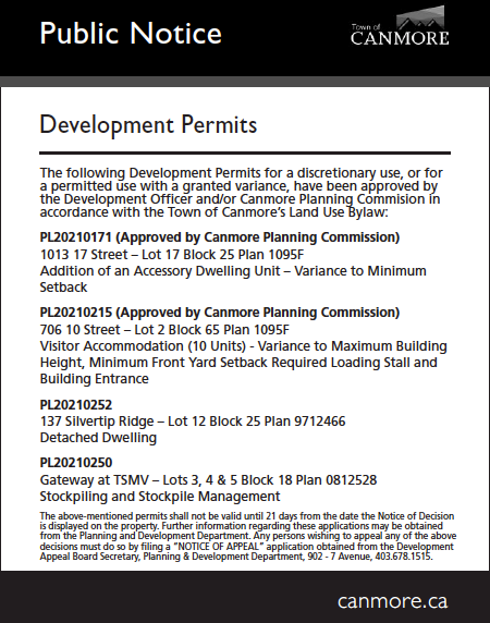 Town of Canmore - Development Permits - Aug. 5, 2021