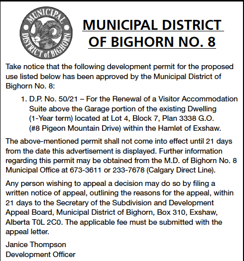 Public Notice - MD of Bighorn - Development Permit  - August 12, 2021