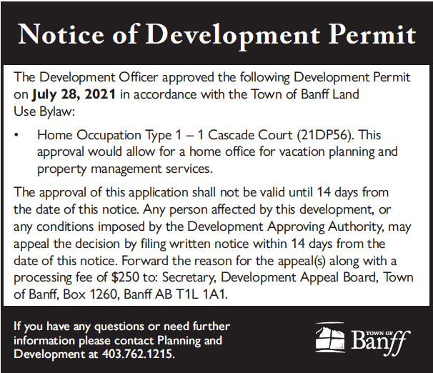 Public Notice - Town of Banff - Development Permit - August 12, 2021