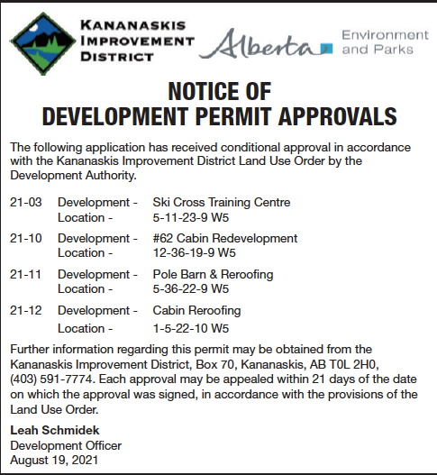 Public Notice - Kananaskis Improvement District - Development Permits - August 19, 2021