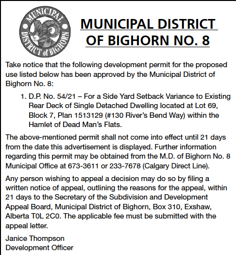 Public Notice - MD of Bighorn - Development Permits - August 19, 2021