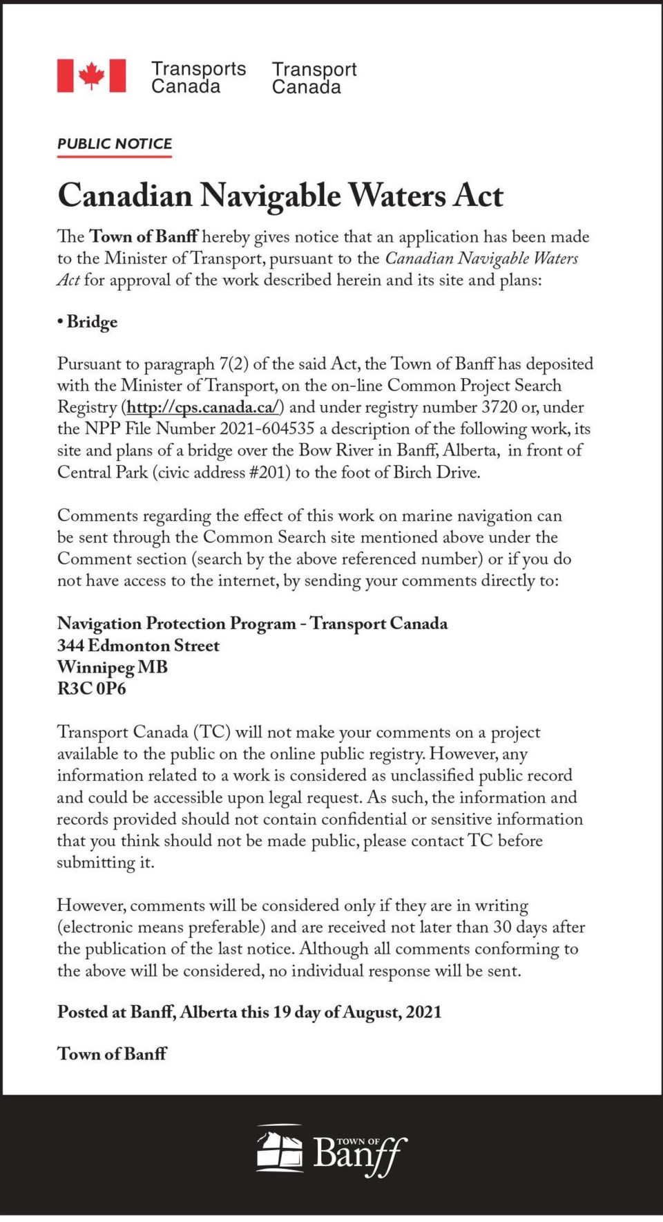 Public Notice - Transport Canada - Canadian Navigable Waters Act - August 19, 2021