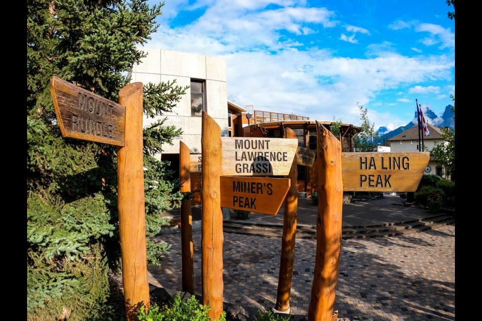 The wooden pointing signage outside the civic centre will be replaced and see one side translated into the Stoney language. The effort by the Town of Canmore to address the Truth and Reconciliation Commissionâs calls to action will cost $11,000. EVAN BUHLER RMO PHOTO