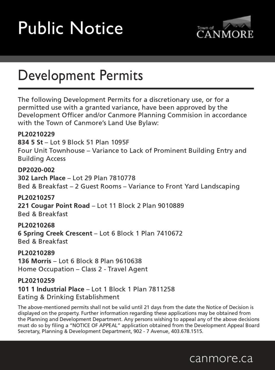 PUBLIC NOTICE – Town of Canmore development permits – August 26, 2021