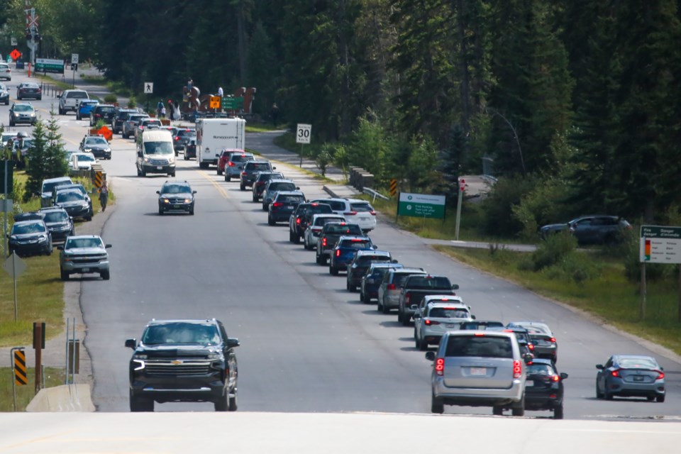 A longline of traffic along Mt. Norquay Road in 2021 in Banff. RMO FILE PHOTO