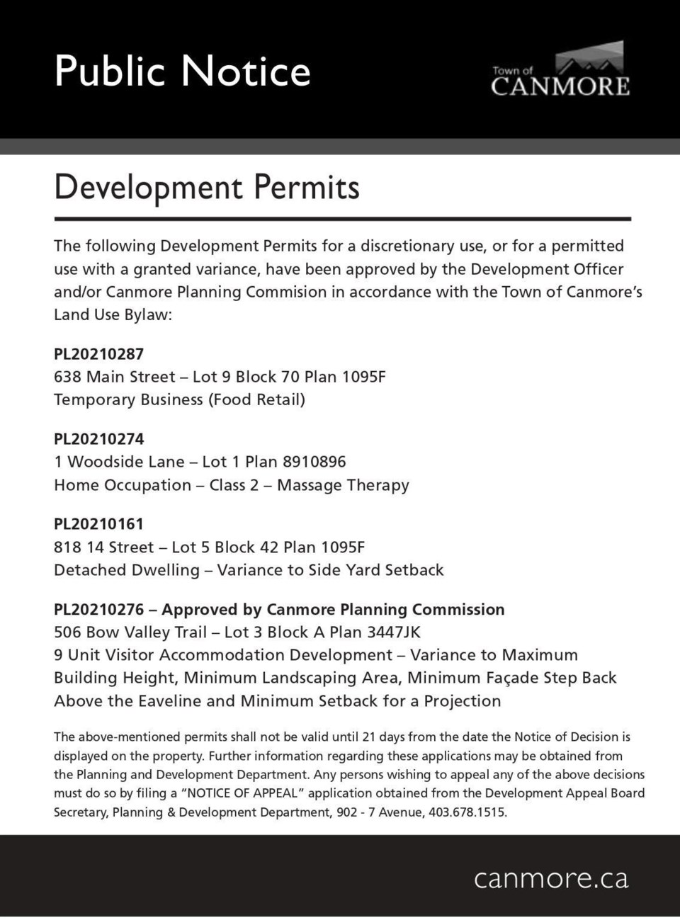 Public Notice – Town of Canmore – development permit