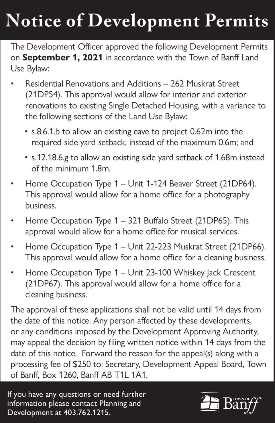 PUBLIC NOTICE – Town of Banff – development permits – Sept. 9, 2021