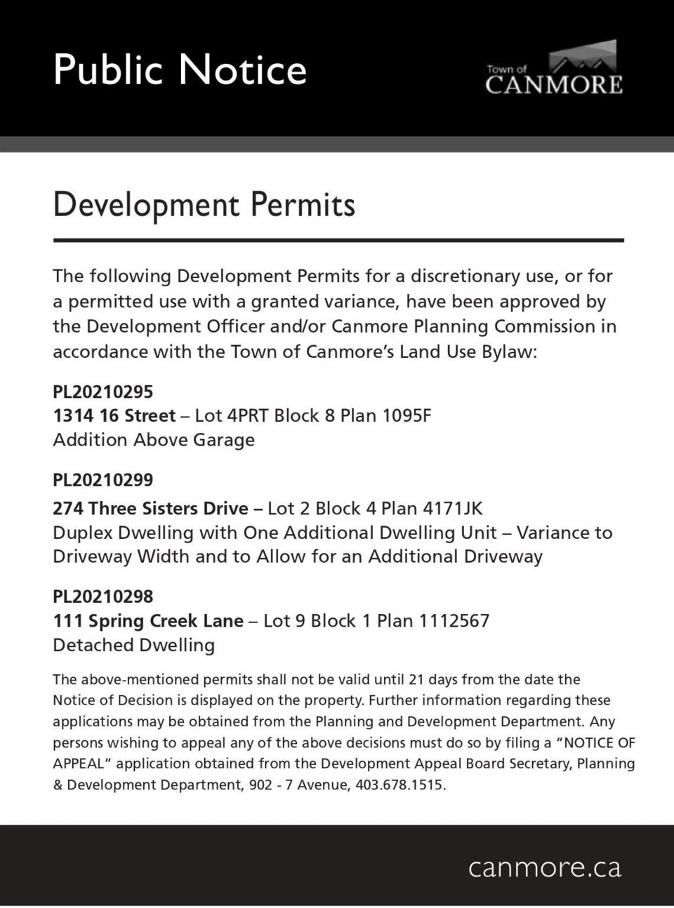 PUBLIC NOTICE – Town of Canmore – development permits – Sept. 9, 2021