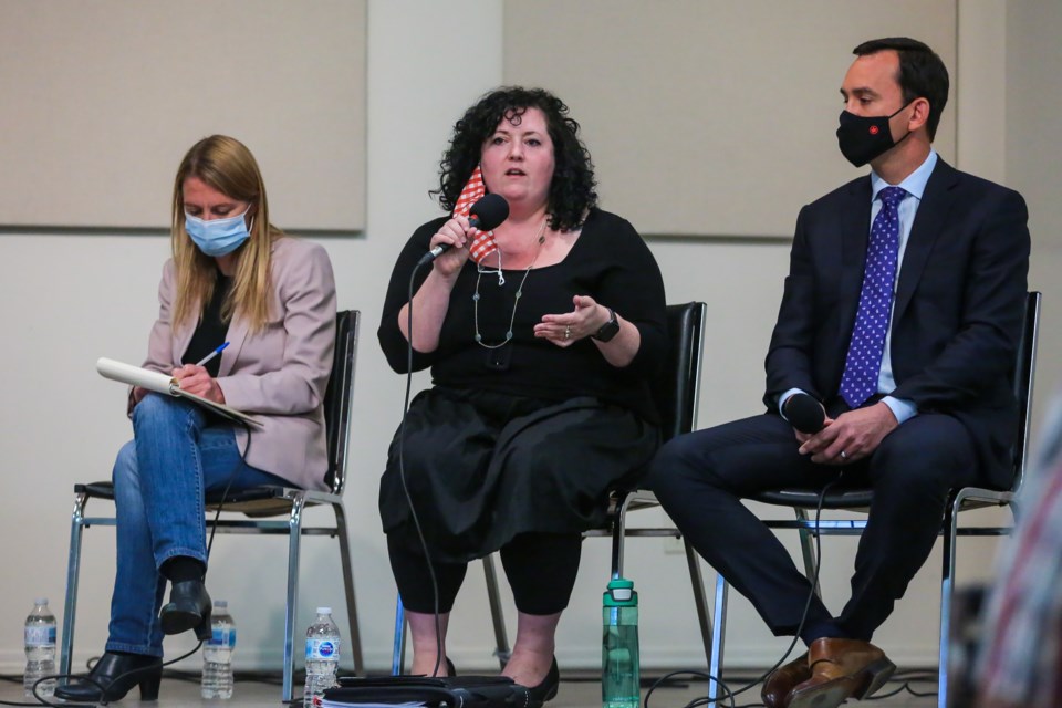 New Democrat Party candidate Sarah Zagoda speaks during the Banff-Airdrie all candidates forum held at the Canmore Seniors Association in Canmore on Monday (Sept. 13). EVAN BUHLER RMO PHOTO