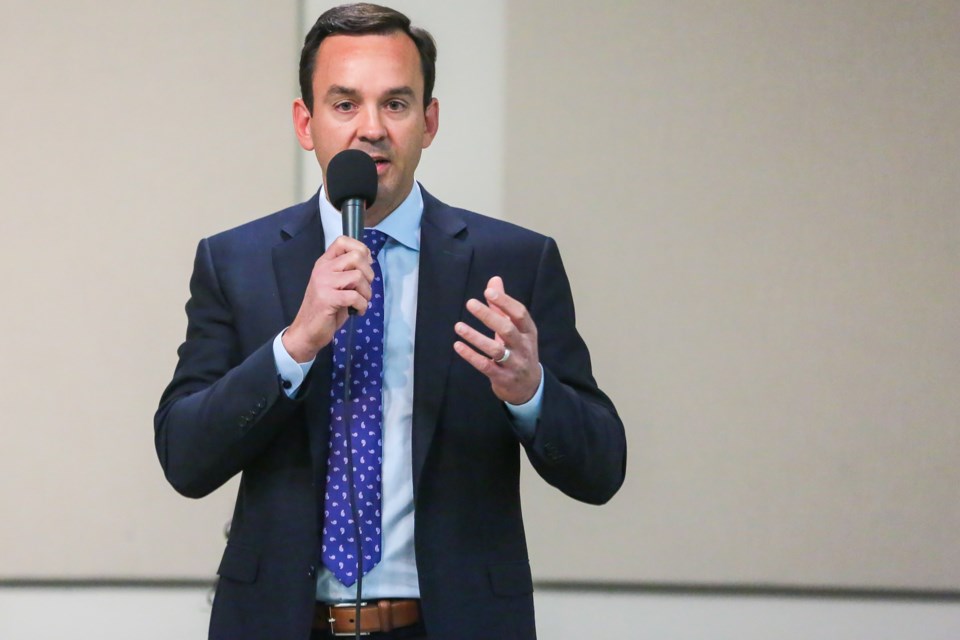 Conservative incumbent Blake Richards speaks during the Banff-Airdrie all candidates forum held at the Canmore Seniors Association in Canmore on Monday (Sept. 13). EVAN BUHLER RMO PHOTO