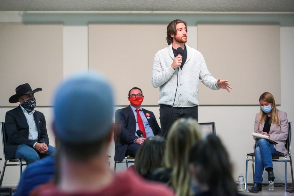 Green candidate Aidan Blum speaks during the Banff-Airdrie all candidates forum held at the Canmore Seniors Association in Canmore on Monday (Sept. 13). EVAN BUHLER RMO PHOTO