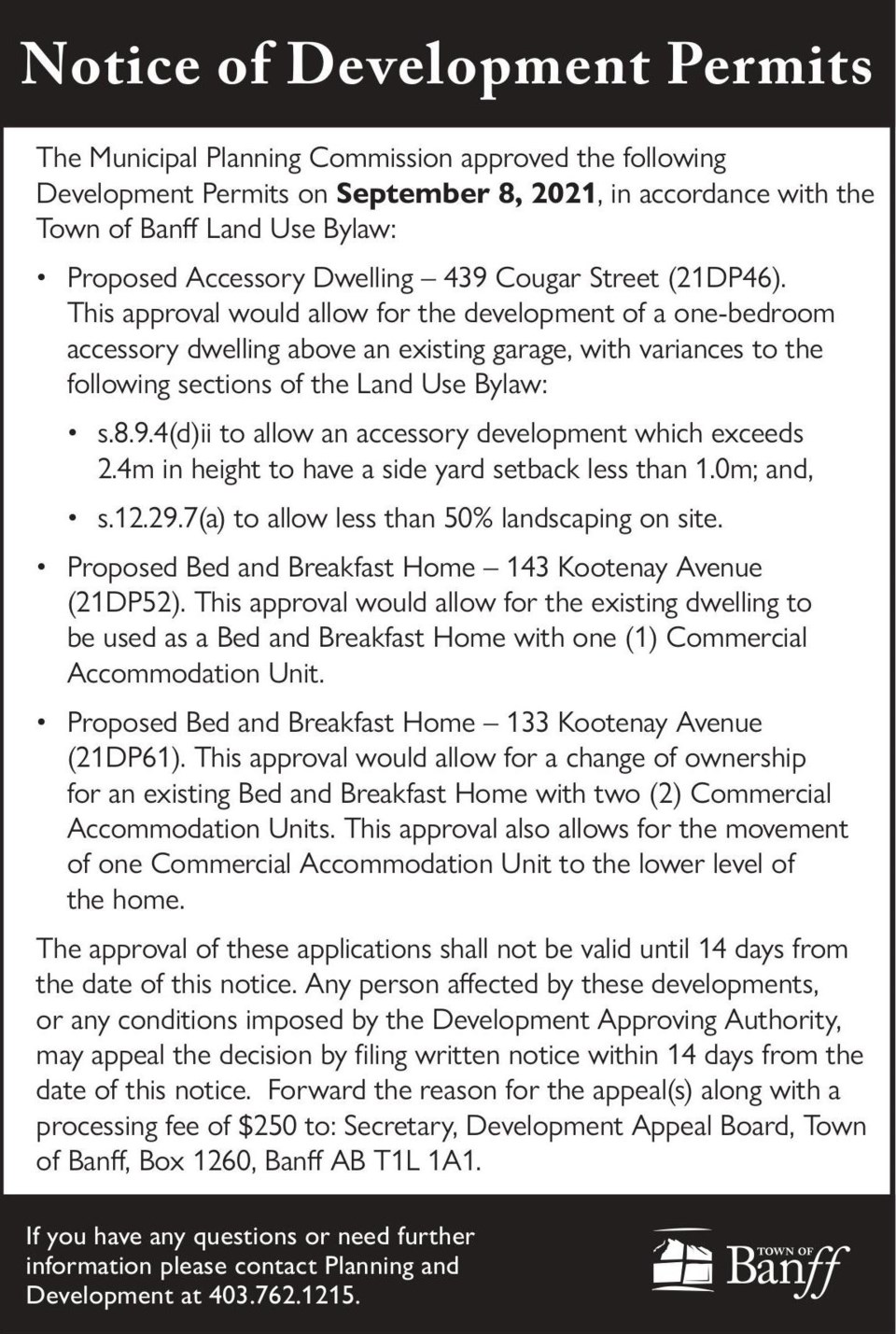 PUBLIC NOTICE – Town of Banff - development permits